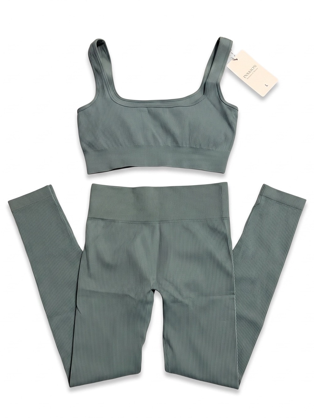 Seamless Ribbed Leggings & Sports Bra Set - Sage Green